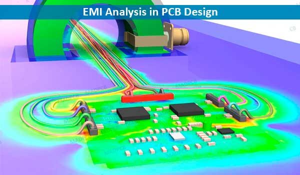 3D EMI analysis simulation on PCB design showing electromagnetic field hotspots and IEC standard definition