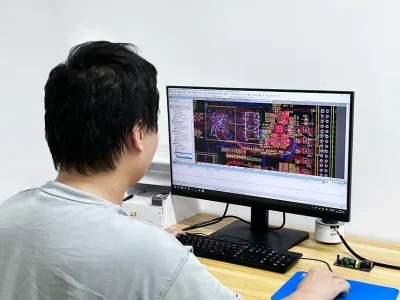 Engineer performing ic board design and schematic layout using professional software.
