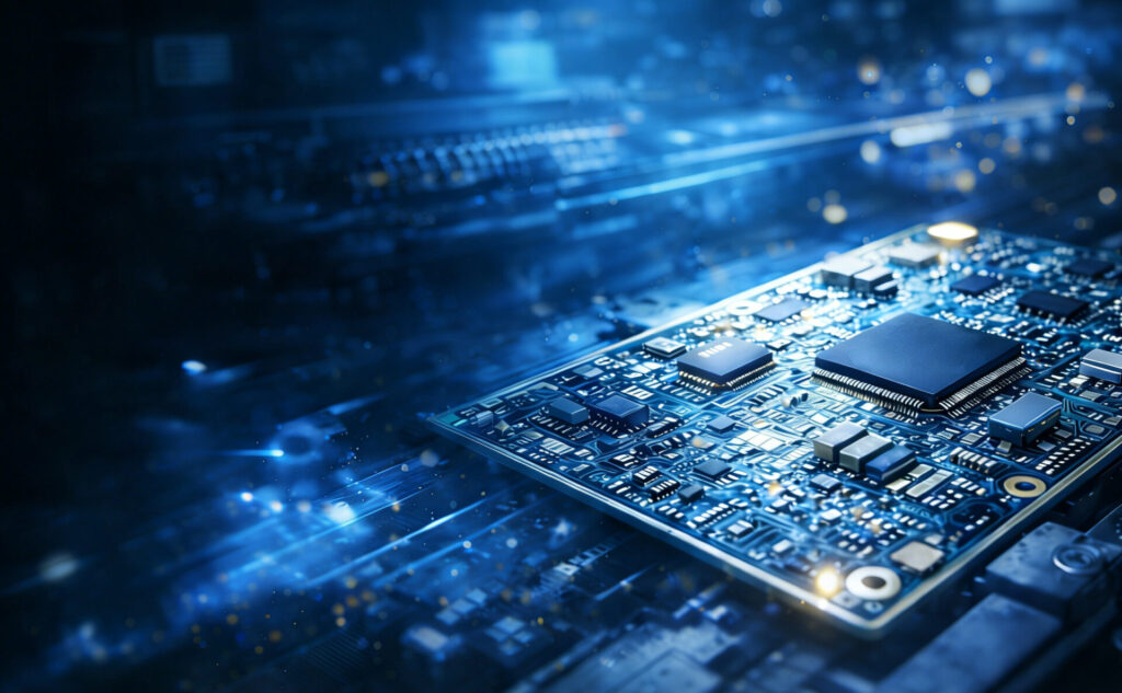 Close-up of high-tech printed circuit board assembly (PCBA) for PCB reverse engineering and manufacturing services.