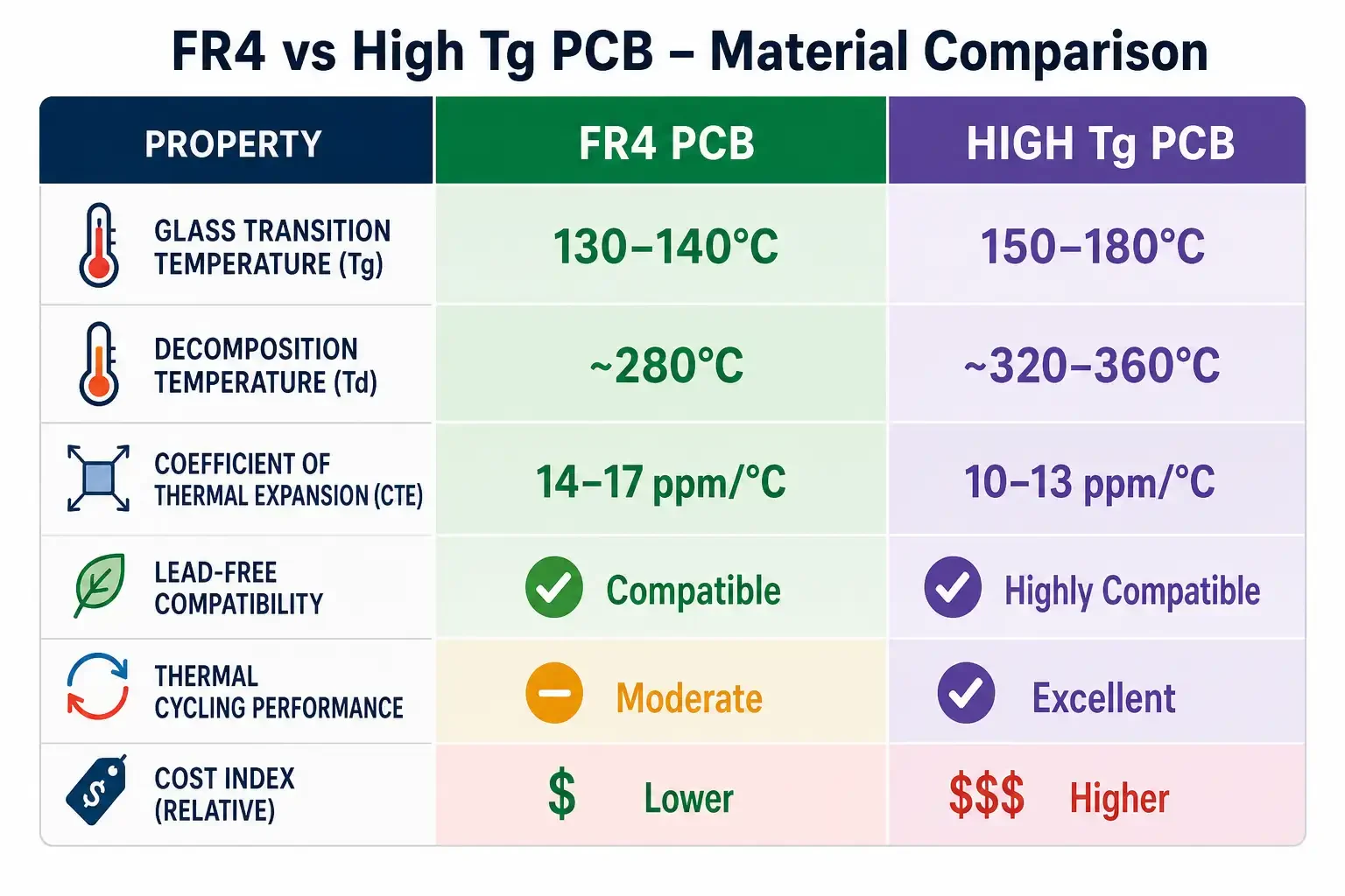 FR4 vs High Tg PCB comparison chart