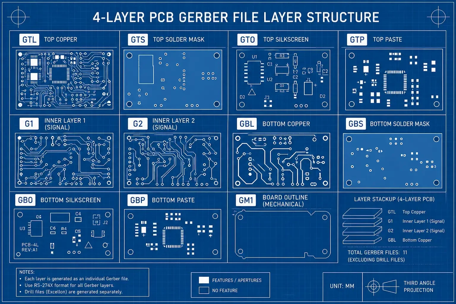Diagram showing PCB Gerber file layers including copper, solder mask, silkscreen, paste, and board outline layers