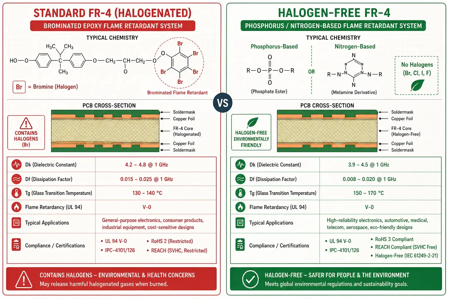Comparison diagram of halogen-free and standard FR-4 PCB material properties