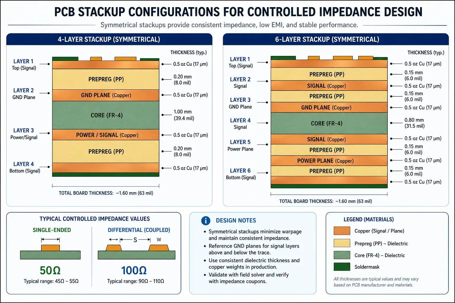 4-layer and 6-layer PCB stackup configurations for controlled impedance