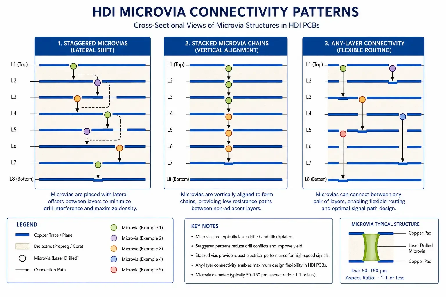 HDI microvia connectivity diagram showing via stacking strategies