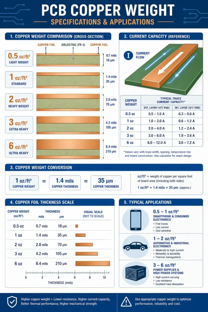 PCB Copper Weight Guide: oz, Thickness, and Current Capacity 2026