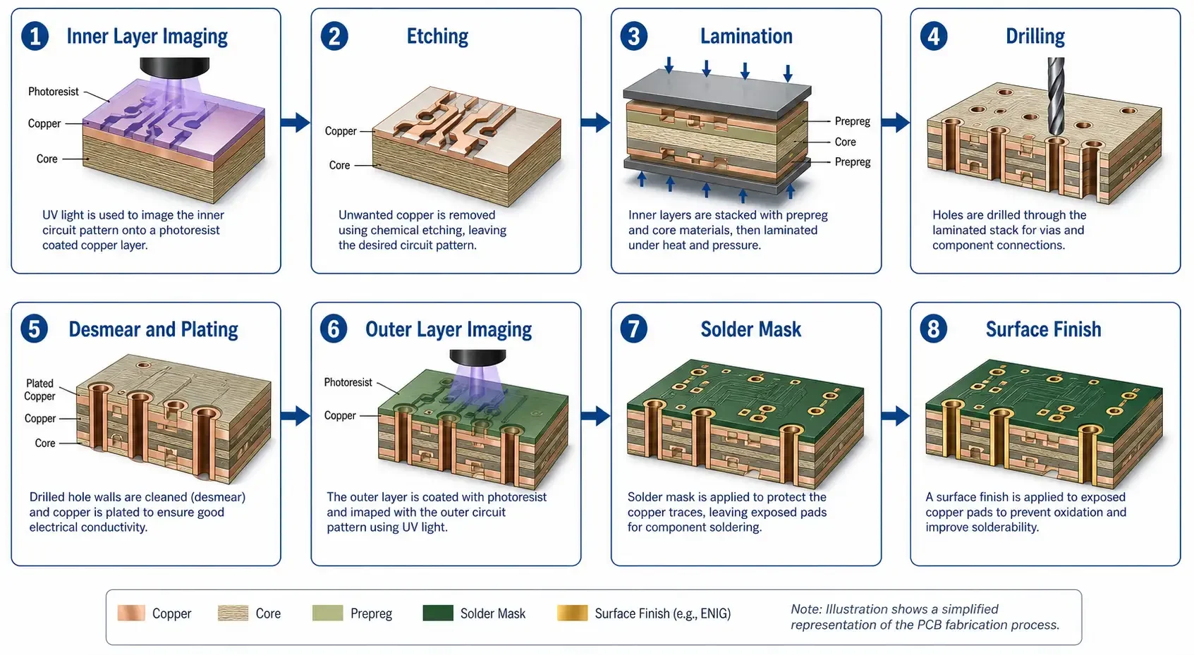 PCB fabrication process stages diagram