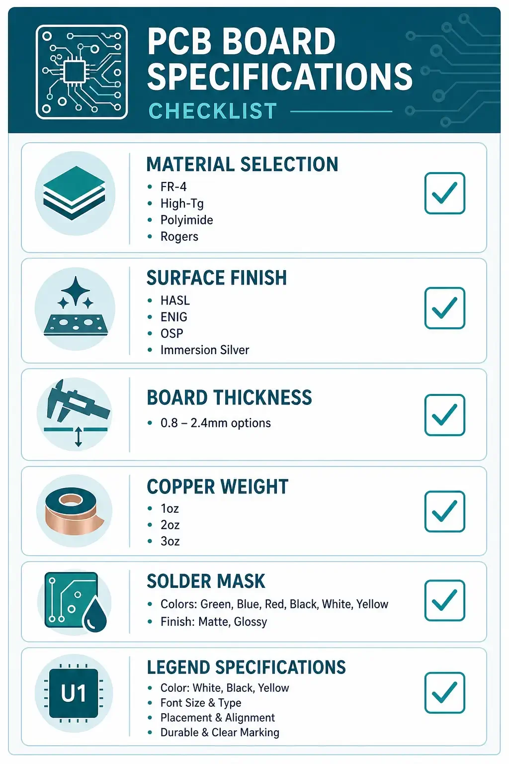 Specification chart for PCB board requirements including material, surface finish, thickness, copper weight, and solder mask options
