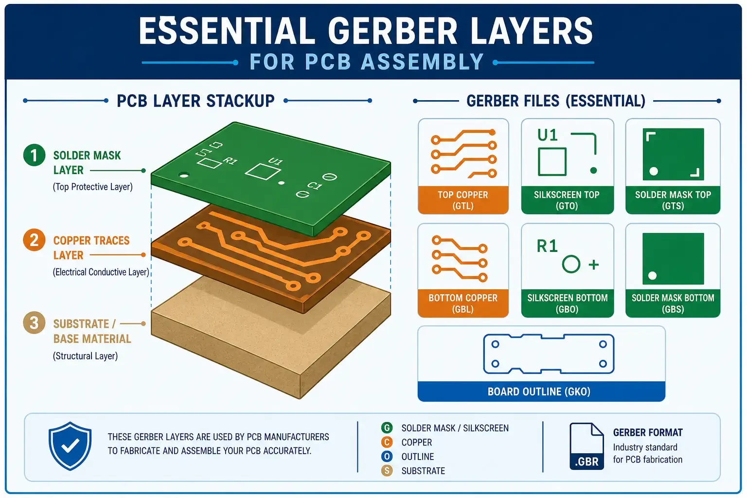 Essential Gerber layers for PCB assembly including copper, solder mask, and silkscreen