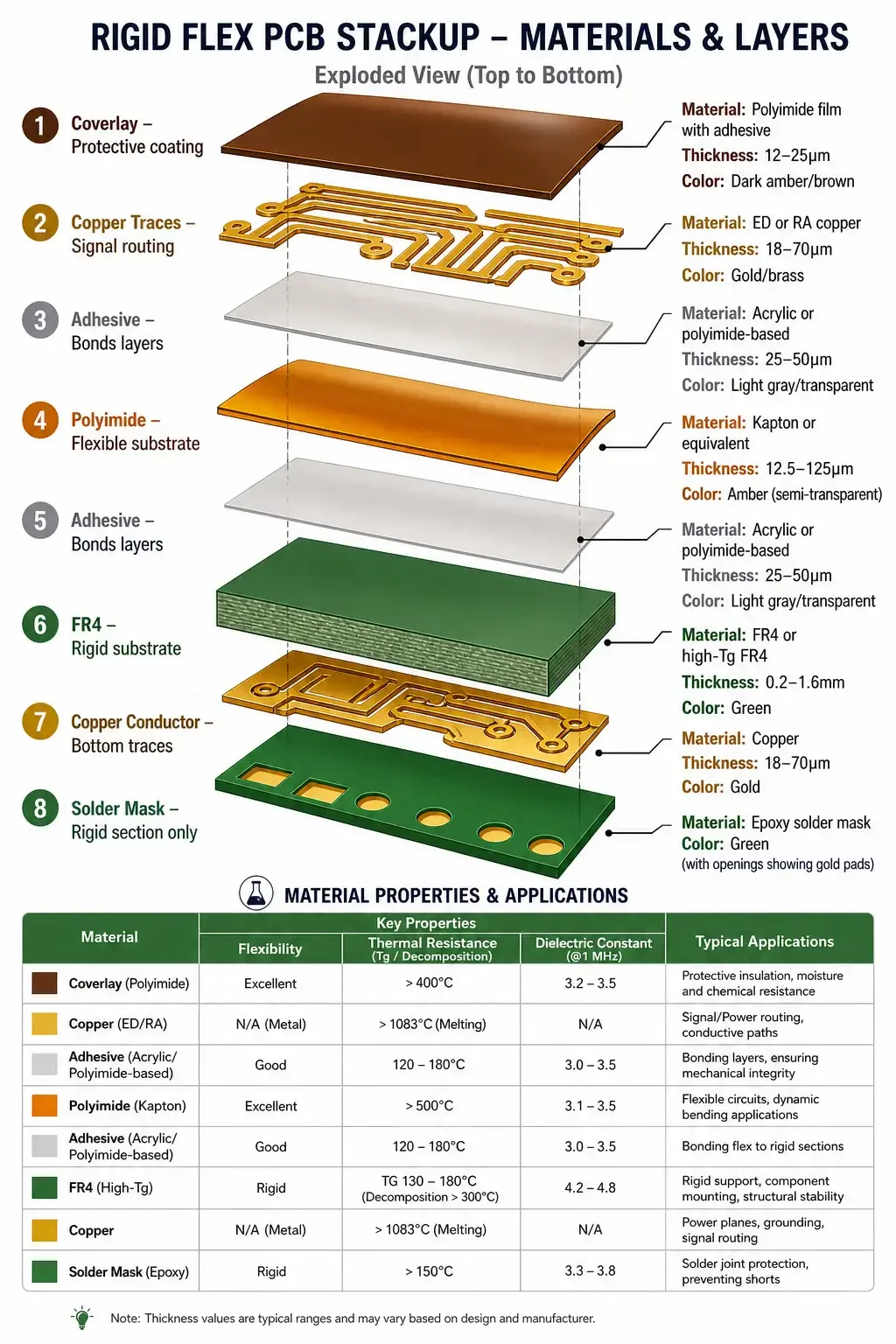 Rigid flex PCB material stackup showing FR4, polyimide, adhesive, and coverlay layers